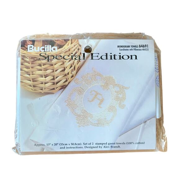 Bucilla Special Edition #64691 Vtg Stamped Cross Stitch Monogram Towels - NIP - Picture 1 of 6